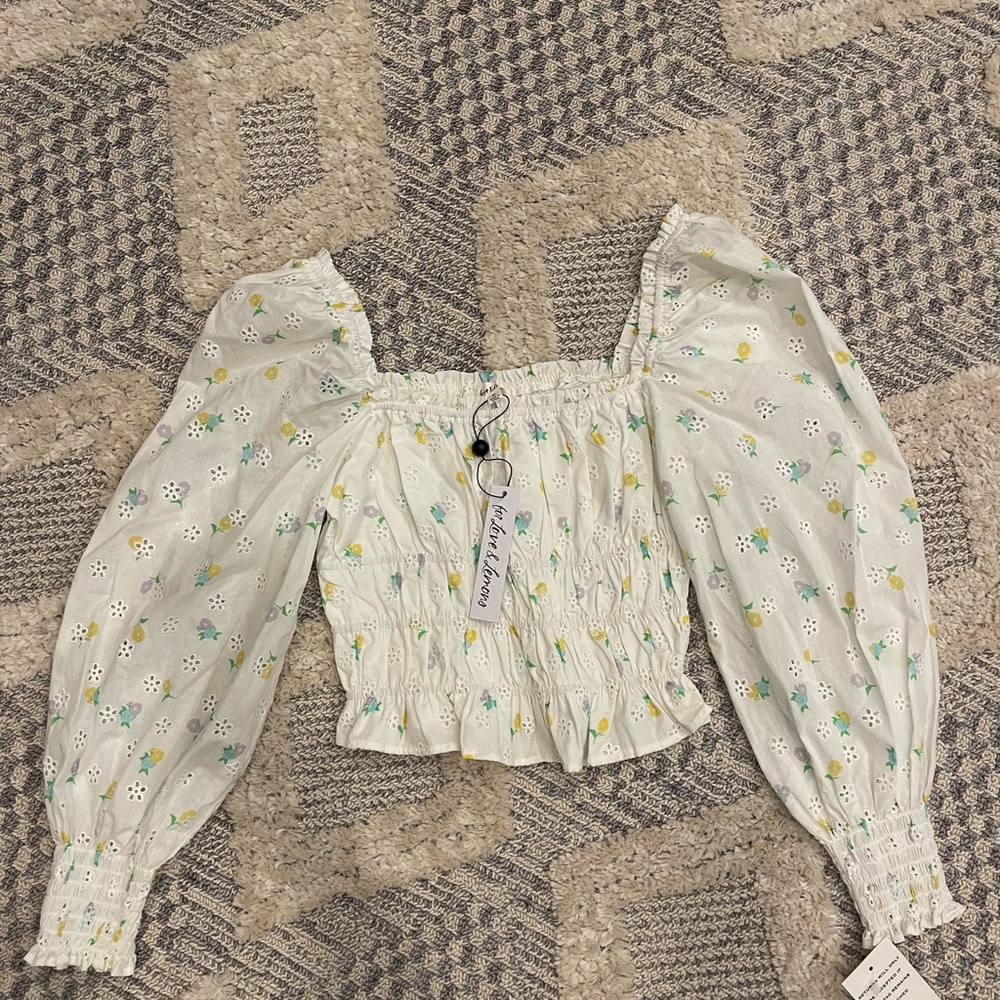 For Love and Lemons White Yellow Floral Eyelet Peplum Boho Blouse Top Medium NWT